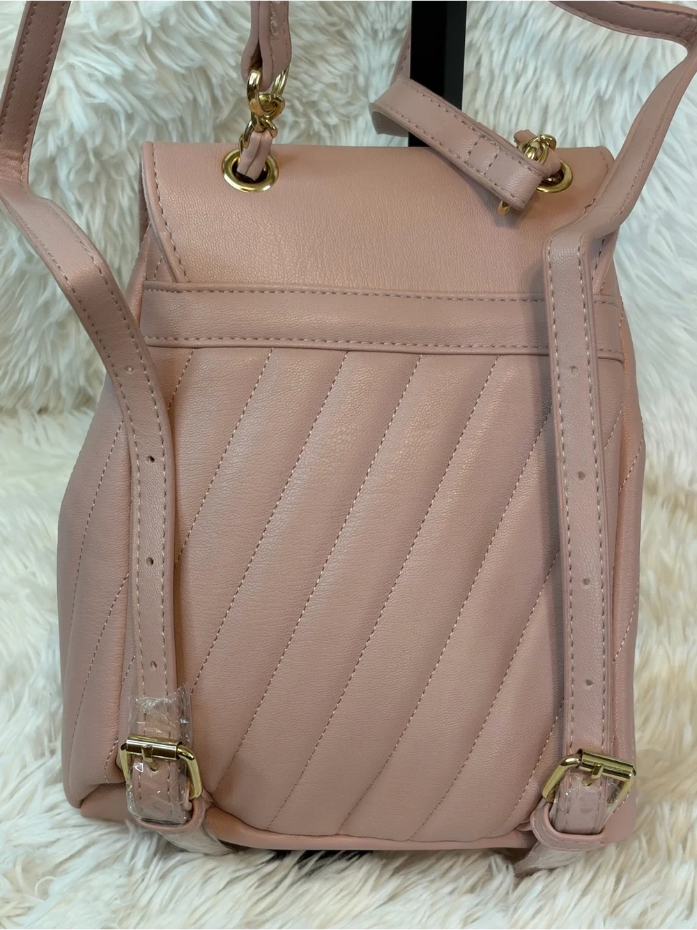 bebe Blush Mini Quilted Leather Drawstring Backpack with Gold Hardware - Picture 3 of 6